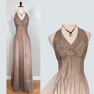 Vintage Morgan Co Prom Dress Maxi Gown 6 Tan Brown 90s Y2K Fairy Grunge Bead